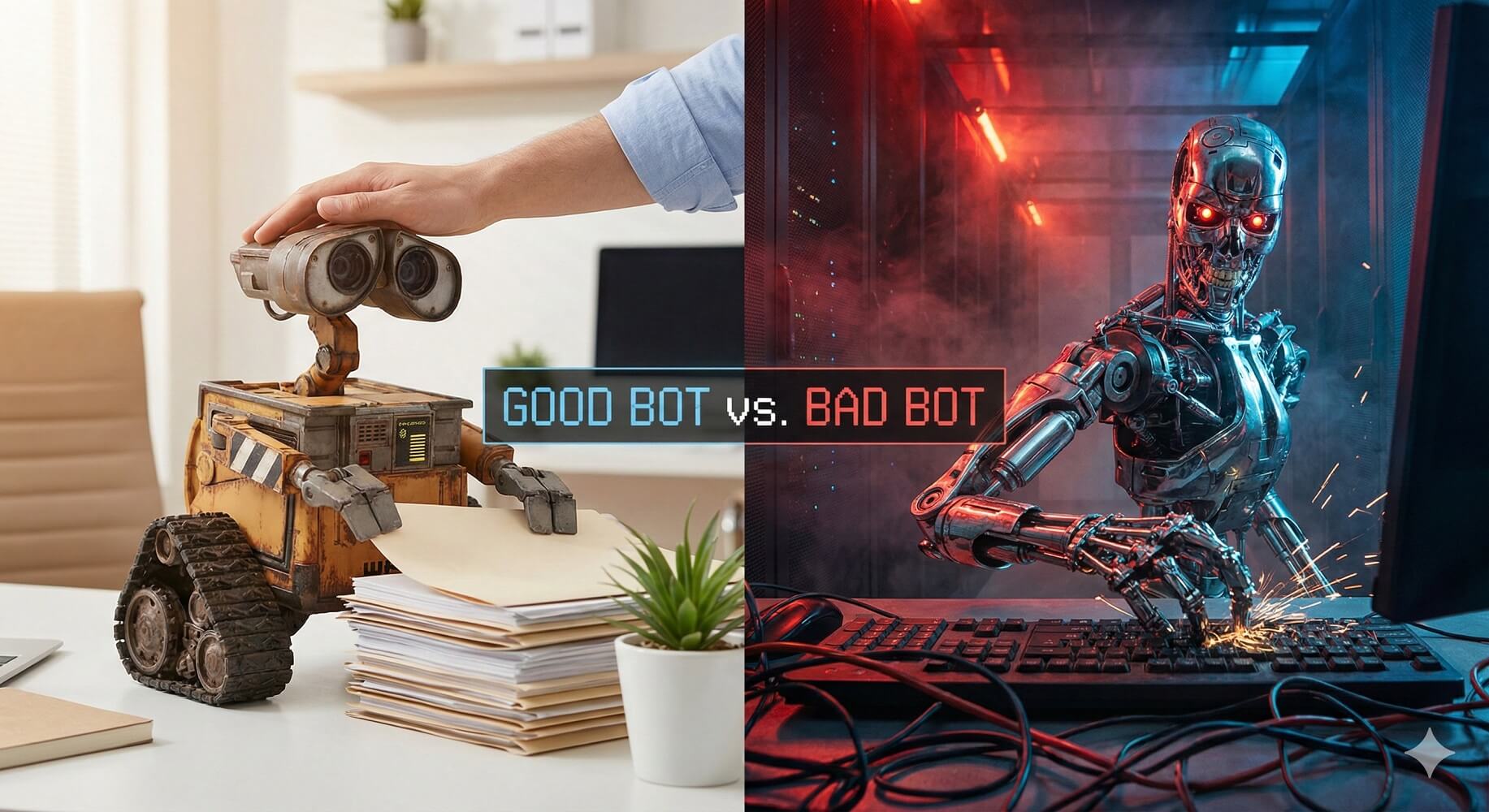 Comparison of helpful Wall-E robot versus dangerous Skynet, representing good automation versus bad automation